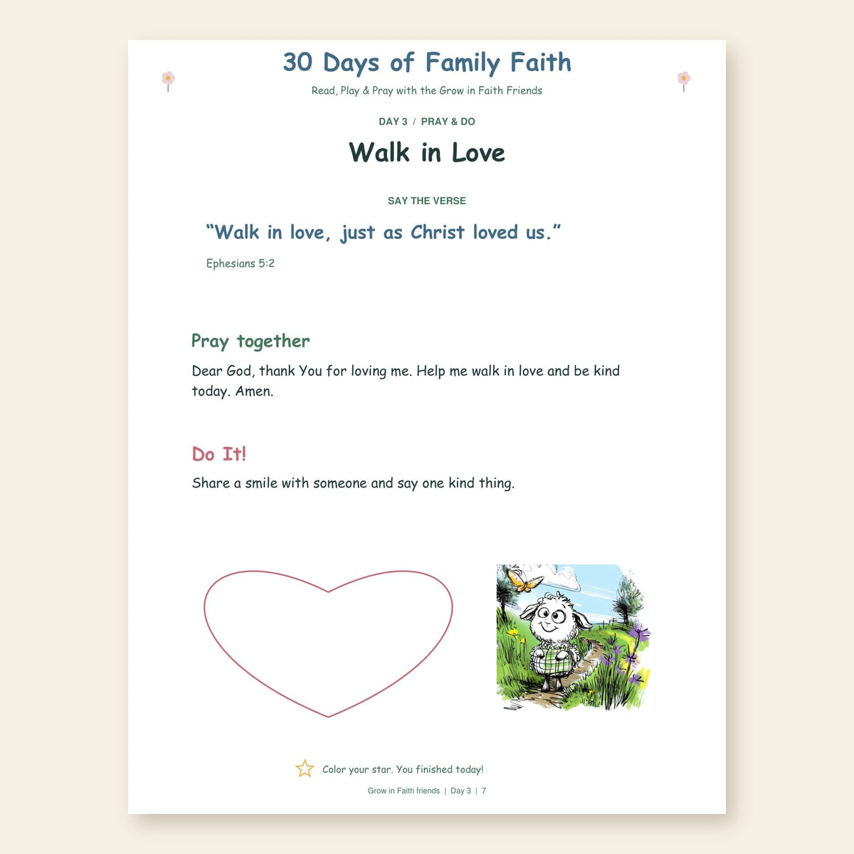 Day 3 Pray and Do page with memory verse, prayer, and Do It challenge