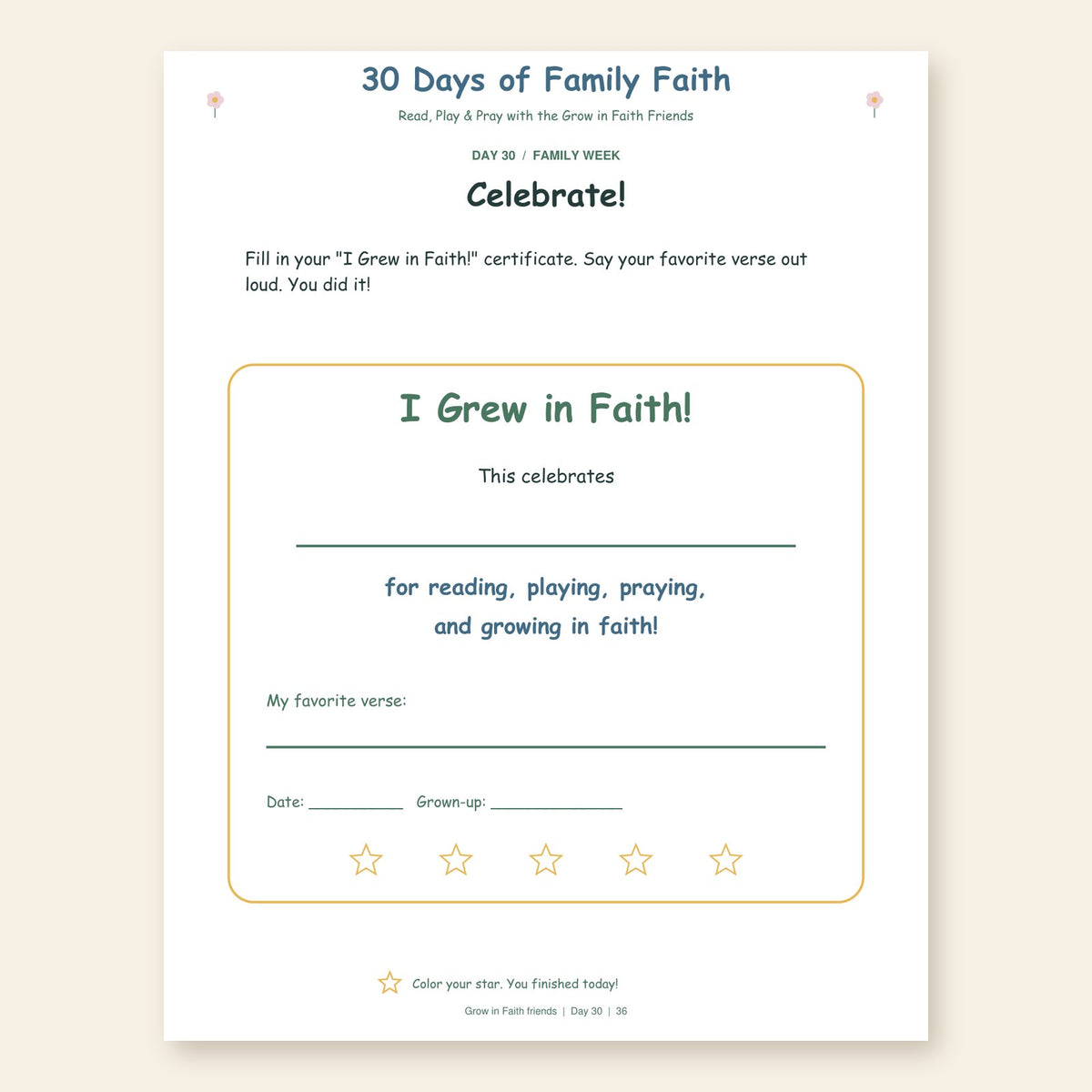 I Grew in Faith certificate
