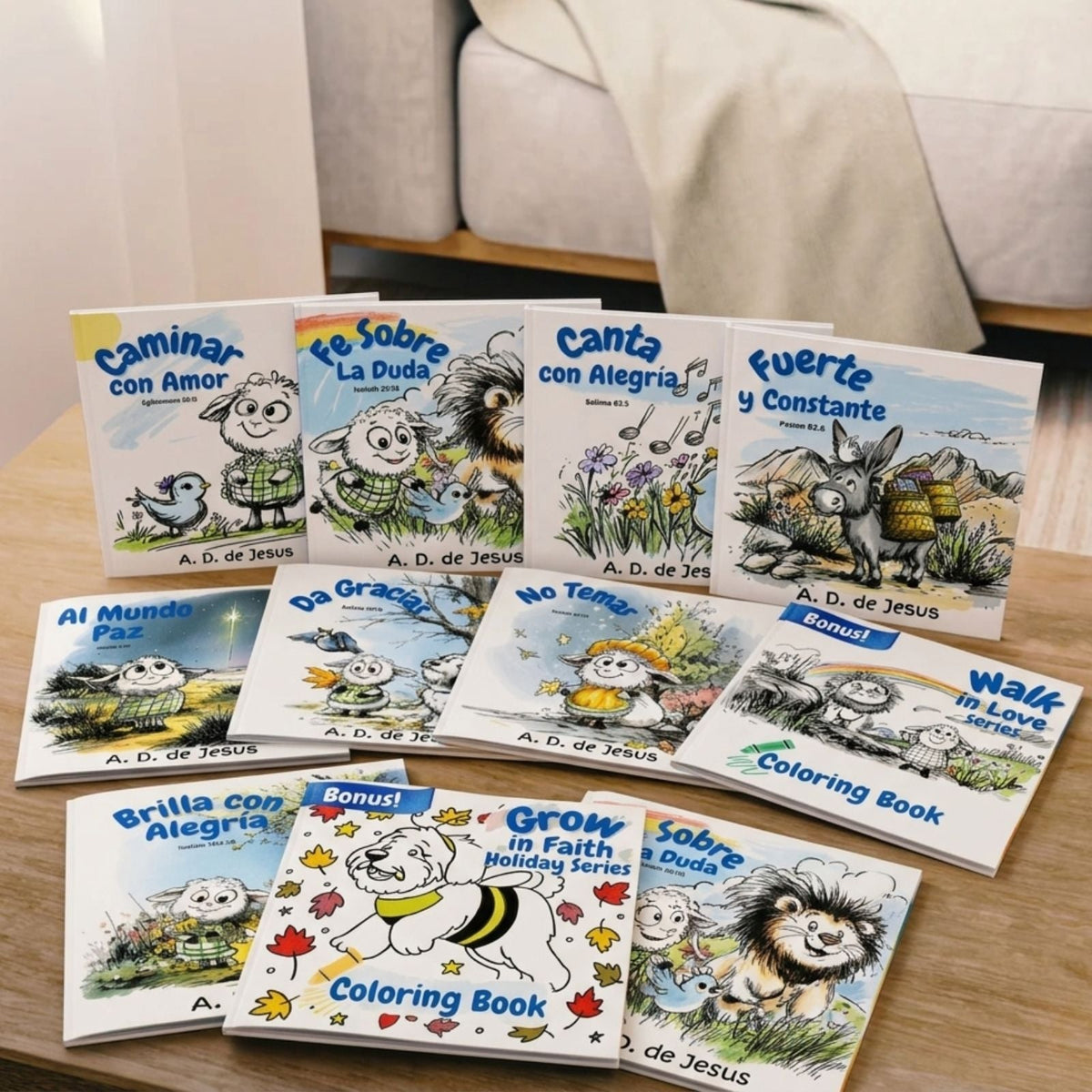 Full 10-book bilingual faith bundle with bonus coloring books on a table