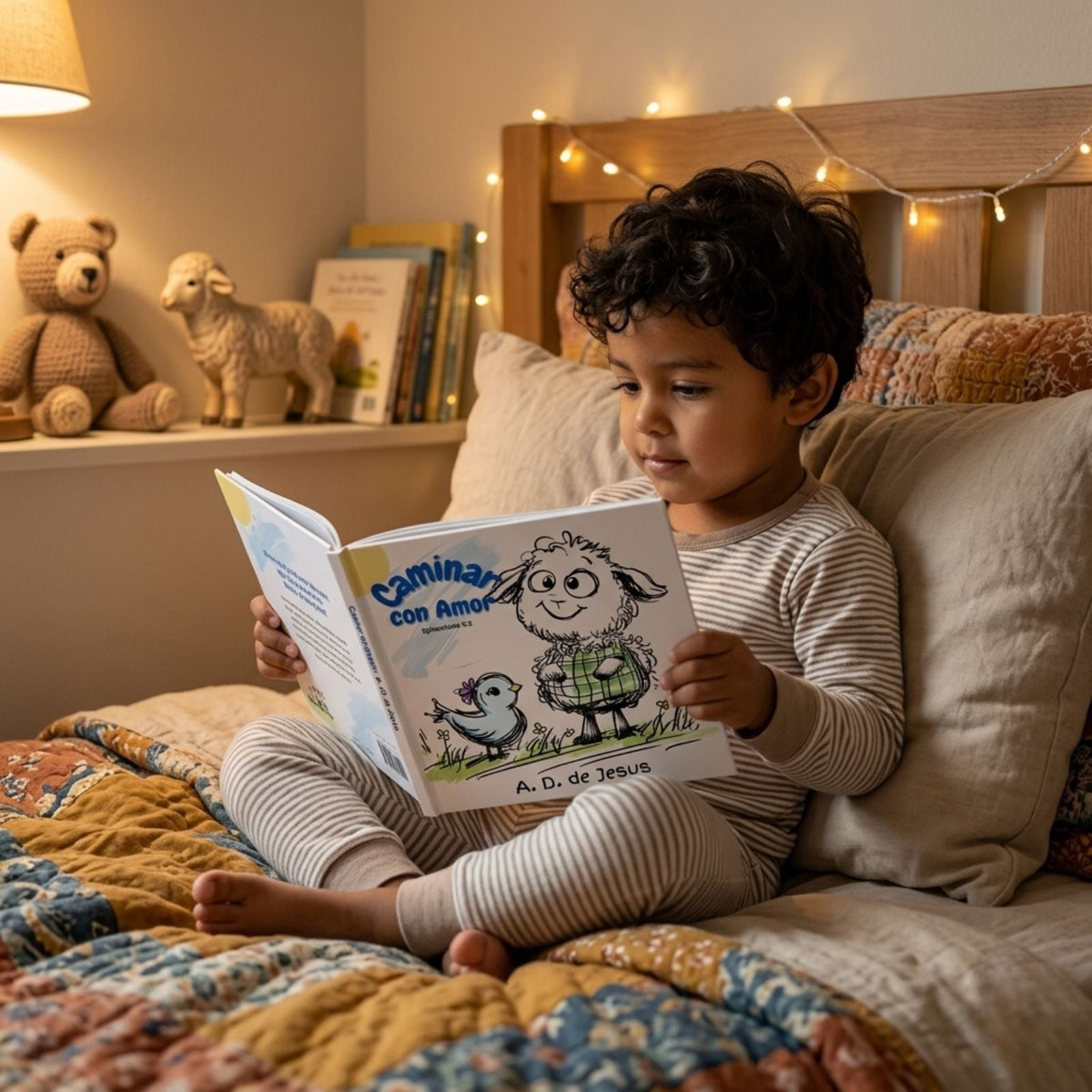 Child reading Caminar con Amor, a bilingual English Spanish faith book, in bed