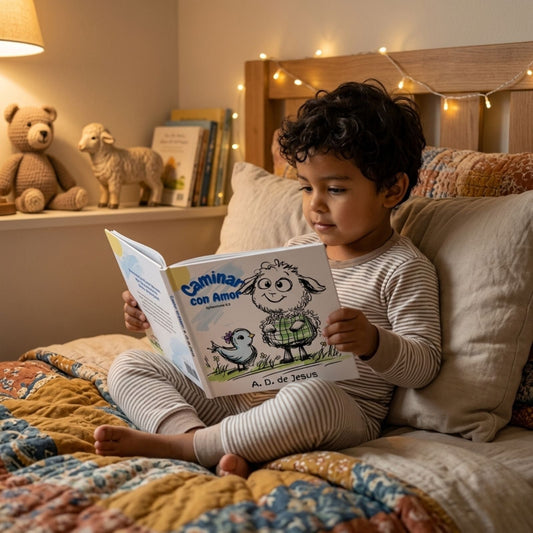 Child reading Caminar con Amor, a bilingual English Spanish faith book, in bed