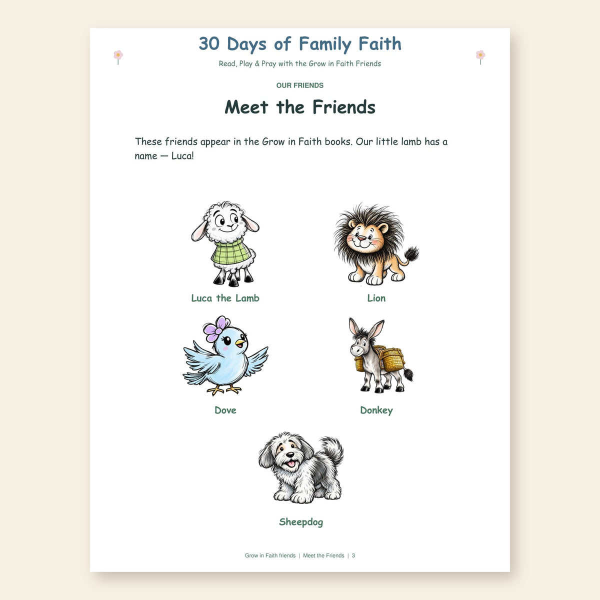 Meet the Friends page: Luca the Lamb, Lion, Dove, Donkey, and Sheepdog