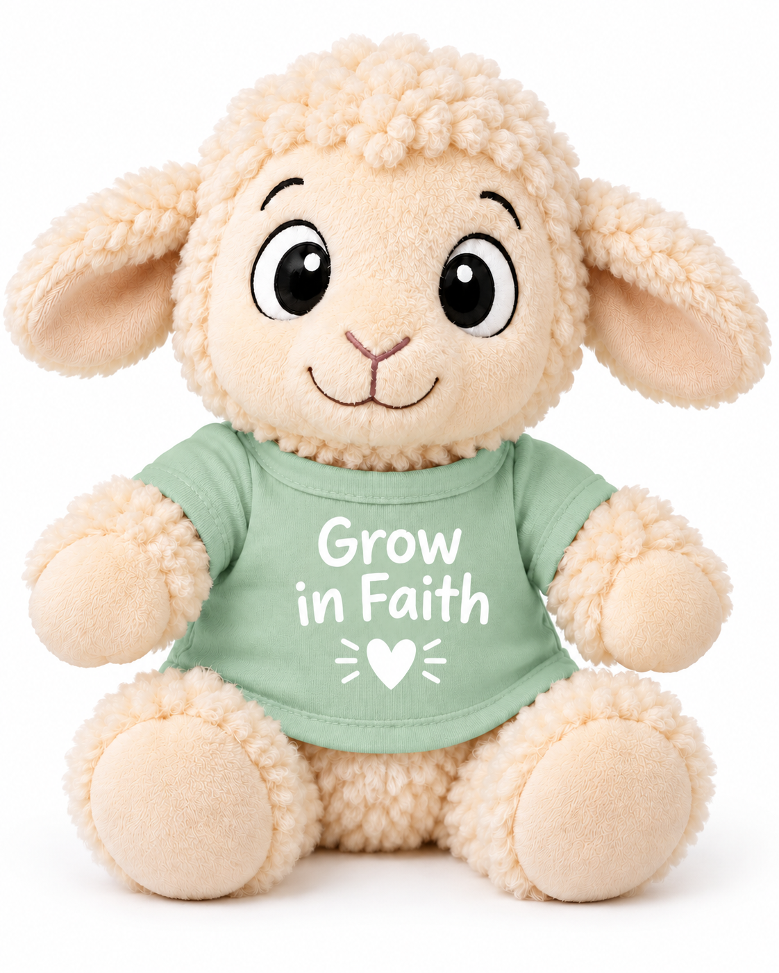 Luca the Lamb plushie in a Grow in Faith shirt